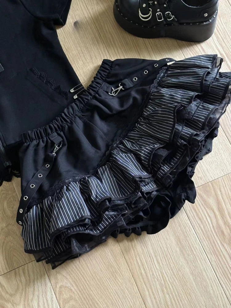 Aiertu - Harajuku Girls Stripe Punk Grunge Skirts Women Y2k Aesthetic High Waist Cake Mini Streetwear Lace Vintage Kawaii Mini Jupe Aiertu
