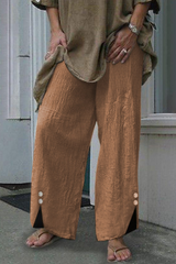 Aiertu - Casual Solid Patchwork Buttons Straight Wide Leg Solid Color Bottoms(6 Colors) Aiertu