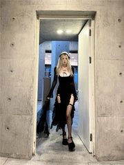 Aiertu - Sexy Japanese Constrast Color Big Square Collar Dress Sweet Bow Appliques Y2k Aesthetic Streetwear Clothing High Split Dresses Aiertu