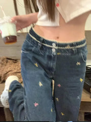 Aiertu - American Vintege Double Headed Colorful Bow Jeans Femme Autumn Sweet Sexy High Waist Slimming Streetwear Pants Aiertu