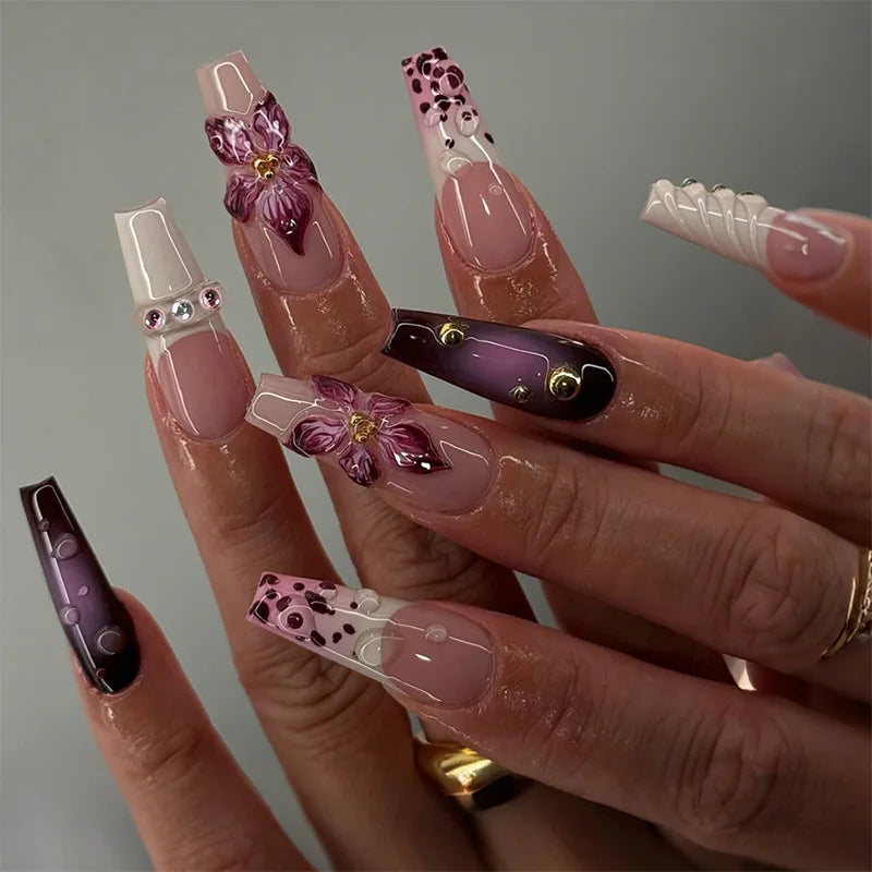 Aiertu - 24PCS Purple Blush Coffin False Nails 3D Flower French Wearable Press on Gel Nails Fashionable Acrylic Fake Nail Tips for Women Aiertu