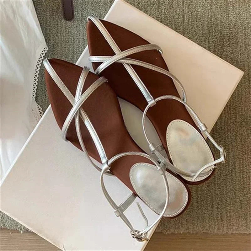 Aiertu - 2025 Summer Womens Sandals Fashion Pointed Toe Buckle Strap Narrow Band Low Heels Shoes Zapatos Mujer Aiertu