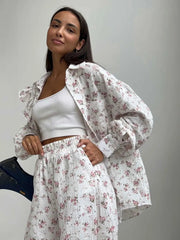 Aiertu - Women Spring Summer 100% Cotton Shorts Suit Office Lady Long Sleeve Loose Shirt + Shorts 2 Piece Sets Womens Outfits Aiertu