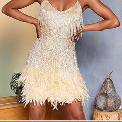 Aiertu Sequins Tassel Feather Spaghetti Strap Dress Women Fashion Sexy Stitching Mini Dresses Ladies Evening Party Club Elegant Dress Aiertu