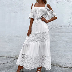 Aiertu - Elegant Retro White Lace Jacquard Women Dress Office Ladies Temperament Off Shoulder Maxi Dresses 2026Long Evening Party Dress Aiertu