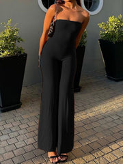 Aiertu - summer inspo Hot Black Solid Strapless Elegant Long Jumpsuits For Women Slim Wide Leg Flared Rompers Simple Fashion Vacation Overalls Aiertu