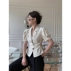 Aiertu Elegant Cropped Shirts Women Vintage Sexy Hollow Out Shirring Blouses Summer Office Ladies Korean Puff Sleeve Chic Tops Aiertu