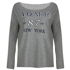 Aiertu - Letter Printed Loose Fit Tops Streetwear Casual Full Sleeve Women Tees Skew Collar Concise Long T-shirts Autumn Winter Aiertu
