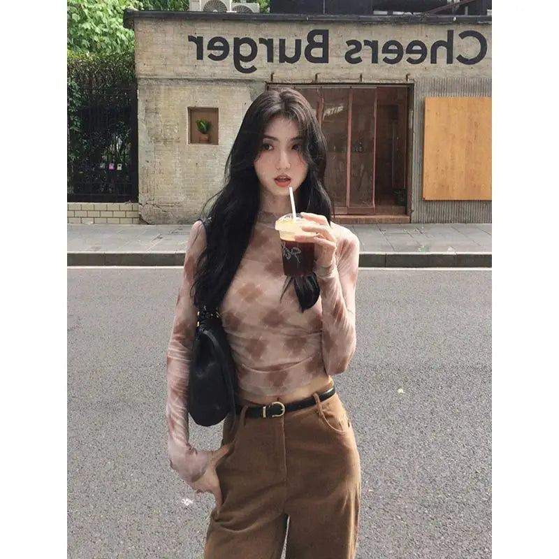 Aiertu - American Retro Plaid Mesh Tops Long Sleeve Korean Fashion Streetwear T Shirt Women Autumn Tops Tees 2000s Clothes Y2k Aiertu