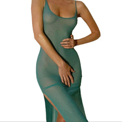 Aiertu Women Xshape Beach Style Sling Dress, Fairycore Spaghetti Strap Low-cut See-through Slit Dress for Club Party Aiertu