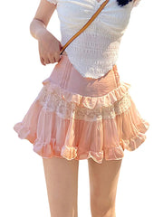 Aiertu Women's Summer Mini Skirts Cute High Waist Lace Patchwork Ruffle Hem A-Line Skirts Aiertu