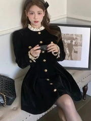 Aiertu - party look snspos Autumn Black Velvet Dresses for Women Long Sleeve Single Breasted Evening Party Dress Korean Fashion A-line Vestido Mujer New Aiertu