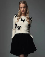 Aiertu - Fall Winter Knitted Bow Detail White Sweaters Tops Round Neck Long Sleeve Top Chirstmas Casual Outfits Streetwear Aiertu