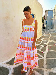 Aiertu - Halter Lace Up Print Dress Cake Contrast Color Pleated Layered Suspender Baggy Women Beach Strap Long Dresses Fuffy Robes Summer Aiertu