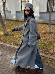 Aiertu - Fashion Grey Lapel Long Woolen Coats Women Double-breasted Pockets Long Sleeves Overcoat 2026 Autumn Lady Street Outerwear Aiertu