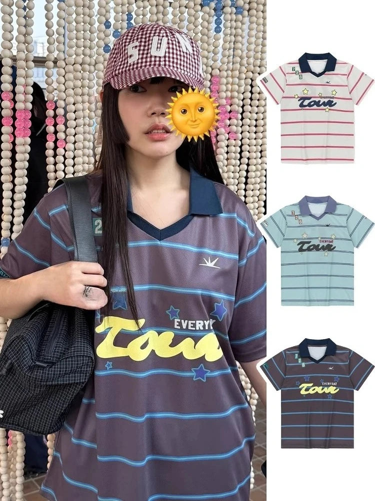 Aiertu - Summer All Match Streetwear Star Letter Printed Striped V-neck Jersey Loose Short Sleeved T-shirt Cool Y2k Top Graphic T Shirts Aiertu