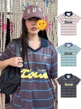 Aiertu - Summer All Match Streetwear Star Letter Printed Striped V-neck Jersey Loose Short Sleeved T-shirt Cool Y2k Top Graphic T Shirts Aiertu