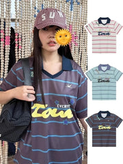 Aiertu - Summer All Match Streetwear Star Letter Printed Striped V-neck Jersey Loose Short Sleeved T-shirt Cool Y2k Top Graphic T Shirts Aiertu