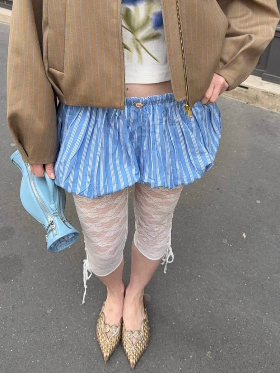 Aiertu - Blue Striped Casual Shorts Women Summer Flower Elastic Mid Waist Short Pants Streetwear Fashion Simple Mini Shorts 2026 New Aiertu