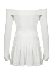 Aiertu - summer inspo Korean Fashion Slash Neck Elegant Long Sleeve A Line White Dress Women Shirring Slim Waist Simple Sweet Japanese Clothing Aiertu