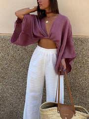 Aiertu Tie-Front Long Sleeve Cropped Blouse shopify