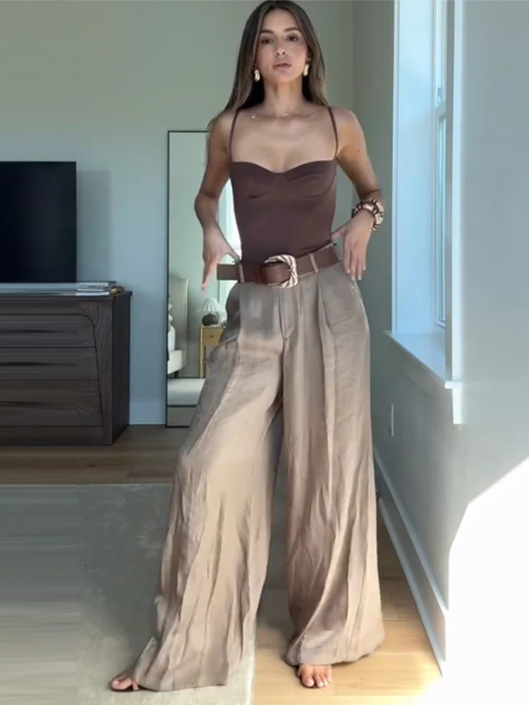 Aiertu - Women's Straight Pants Solid High Waist Belt Pockets Wide Leg Long Trousers Female 2025 Spring Lady Vintage High Street Wears Aiertu