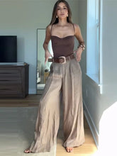 Aiertu - Women's Straight Pants Solid High Waist Belt Pockets Wide Leg Long Trousers Female 2025 Spring Lady Vintage High Street Wears Aiertu