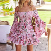 Aiertu - Holiday Print Patchwork Ruffles Mini Dress Women Flare Sleeve Simple Chic Party Dress New Slash Neck Fashion Ladies Beach Dress Aiertu