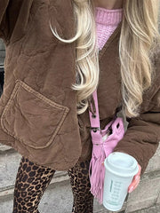 Aiertu - Vintage Cotton Jackets Women Casual Loose V Neck Lace Up Long Sleeves Coats Female 2024 Winter Hollow Out Solid Thick Outwears Aiertu