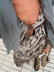 Aiertu - V-neck Leopard Print Slit Long Dress Women Hollow Lace Up Long Sleeved Maxi Dress Lady Sexy Fashion High Street Party Vestidos Aiertu