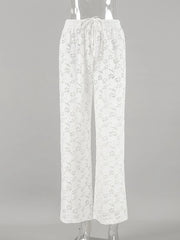 Aiertu - White Lace Jacquard Sheer Wide Leg Pant Women Drawstring High Waist Transparent Trouser Summer Sexy Casual Chic Bohemian Trouser Aiertu