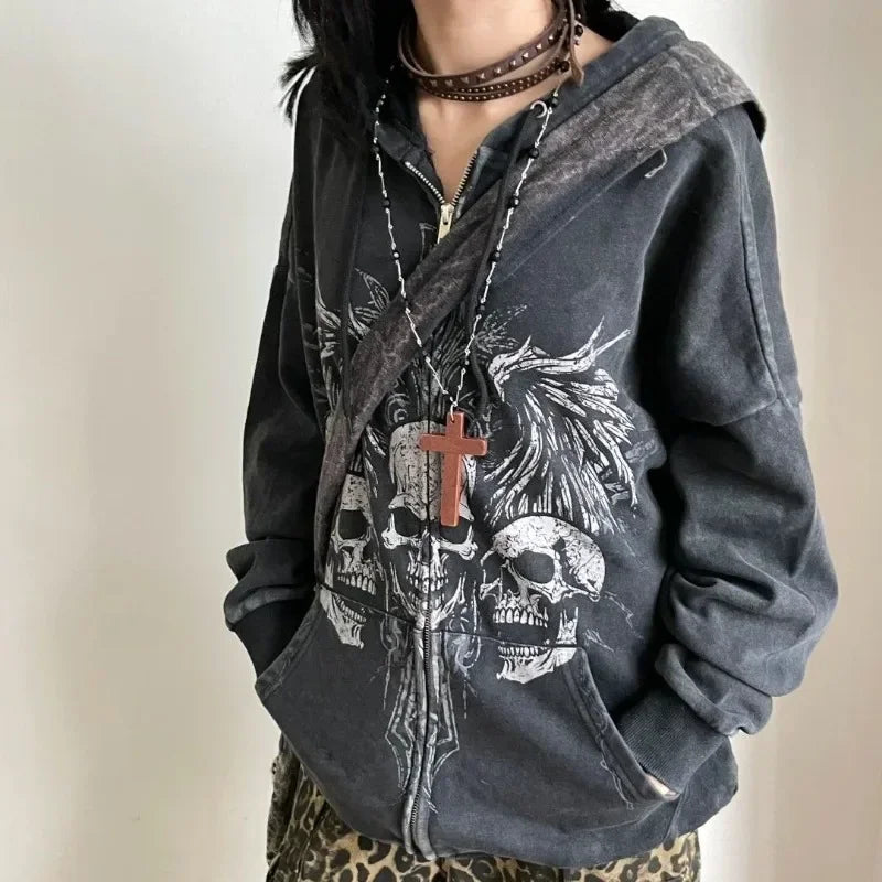 Aiertu - Harajuku Casual Drawstring Hoodies Women Y2k Aesthetic Loose Printing Vintage Coats Streetwear Zipper American Sweatshirts Aiertu