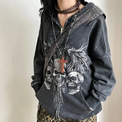 Aiertu - Harajuku Casual Drawstring Hoodies Women Y2k Aesthetic Loose Printing Vintage Coats Streetwear Zipper American Sweatshirts Aiertu