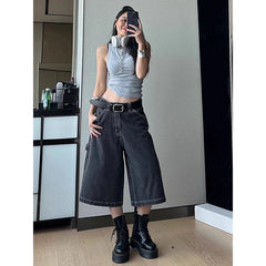 Aiertu Women's Vintage Loose Wide Leg Street Denim Cropped Pants Summer Cargo Shorts Young Girl Casual Bottom Female Calf-length Pants Aiertu