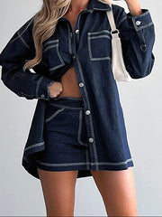 Aiertu - Vintage Denim 2 Piece Sets Women's Mini Skirts Polo Collar Long Sleeve Pockets Tops Hip Package Skirt Lady Streetwear Summer Aiertu