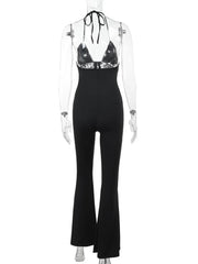 Aiertu - Women's Summer Full Length Flare Pants Jumpsuits 2025 Elegant Halter Backless Lace Patchwork Black Overalls Female High Street Aiertu