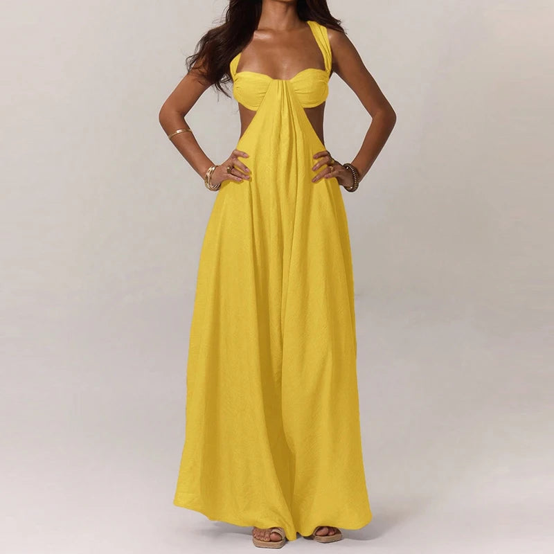 Aiertu - Women Elegant Hollow Backless Solid Color Long Romper Sexy Off Shoulder Party Jumpsuit Casual Sleeveless Wide Leg Loose Playsuit Aiertu