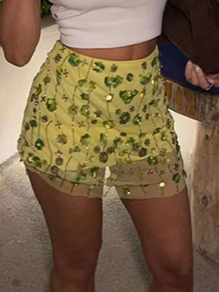 Aiertu - Squins Flower Bead Mini Skirt Women Straight Wide Leg High Waist Fashion Skirts A-line Lined Green Party 2025 Summer Lady Robe Aiertu