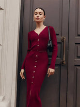 Aiertu - Elegant Ancora Red Knitted Bodycon Maxi Dresses Women V Neck Single Breasted High Waist Dress New Autumn Lady Commute Party Robe Aiertu