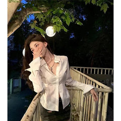 Aiertu Y2K White Blouses Women Sexy Bandage Slim Shirts Office Lady Korean Fashion Black Long Sleeve Waist Tunic Chic Casual Tops Aiertu