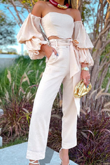 Aiertu - Elegant Solid With Belt Strapless Long Sleeve Two Pieces Aiertu
