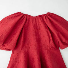 Aiertu - Women Red Puff Short Sleeve Mini Dress for Women Summer O-Neck Back Lace up High Street Evening Party Vestidos Aiertu