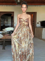 Aiertu - Luxury Floral Printed Strapless Maxi Dress For Women Vacation Hollow Out Waist Backless Long Dress Lady Evening Party Vestidos Aiertu