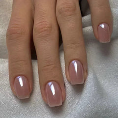Aiertu 24Pcs Short False Nails Aurora Cat Eye with French Design Simple Metallic Full Cover Wearable Chrome Press on Fake Nails Tips Aiertu