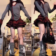 Aiertu - New Fashion Lrregular Spliced V Neck Tops Harajuku Vintage Y2k Aesthetic Punk Tiered Plaid Skirts Streetwear 2 Piece Sets Aiertu