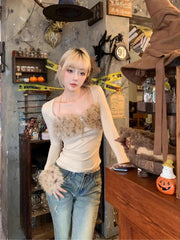 Aiertu - Trendy Leopard Print Fur Stitching Long-sleeved European American Slim Fit Versatile T-shirt Autumn and Winter Harajuku Y2k Tops Aiertu
