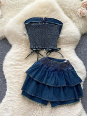 Aiertu - Y2K Sexy Mini Skirt Denim Tie Cross Bow Bandage Cape+denim Two-piece Zipper Strapless Tube Top Streetwear Set Aiertu