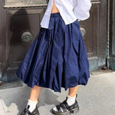 Aiertu - Women Bubble A-Line Skirt Casual Summer Solid Color Elastic Waist Gothic Midi Skirt for Beach Vacation Club Streetwear Aiertu