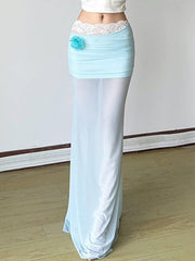 Aiertu -3D Floral Ruched Mesh Low-Waist Maxi Skirt aiertu