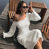 Aiertu - Elegant Knitted Sweater Maxi Dress Outfits For Women Flare Sleeve Sexy Backless Lace Up Dress Knitwear Party Clothes Lady Aiertu